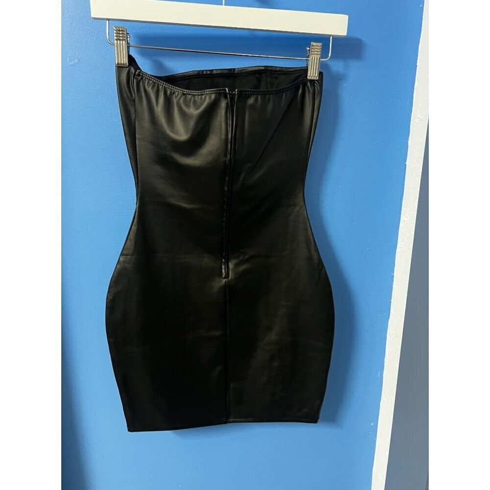 Windsor Strapless Black Faux Leather Bodycon Mini Dress Back Zipper Closure, rav - Picture 4 of 8